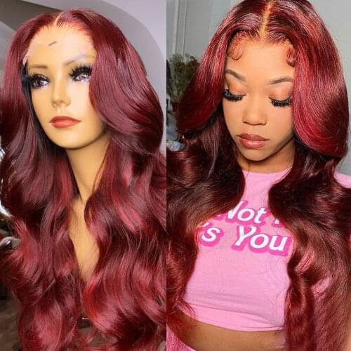 Dark 99J Color Human Hair Wigs Wavy Lace Front Wig 8-26 Inch Brazilian Remy Human Hair Pre Plucked T Part Lace Wigs For Women KL