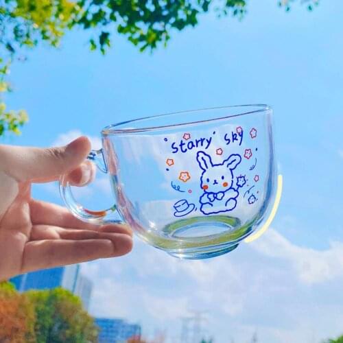 Transparent Large Capacity Sturdy Glass Cup Healthy Safe Portable Cartoon Glass Cute Rabbit Breakfast Cup for Household
