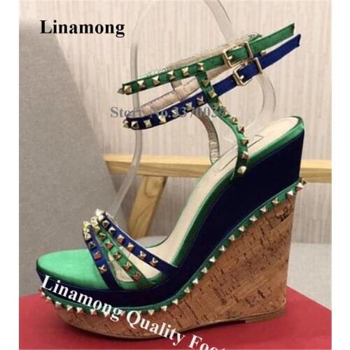 Linamong Sexy Open Toe Rivet High Platform Wedge Sandals Green Pink Spike Height Increased Straps Cross Wedges Dress Heels