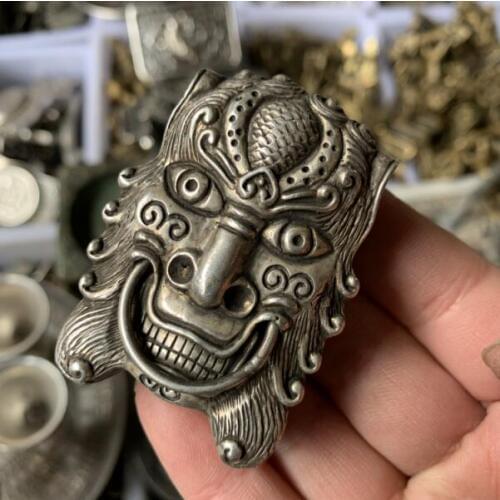 Retro Silver Bronze Sculpture Miao Yinhu Head Belt Button Silver-plated Silver Waist Button