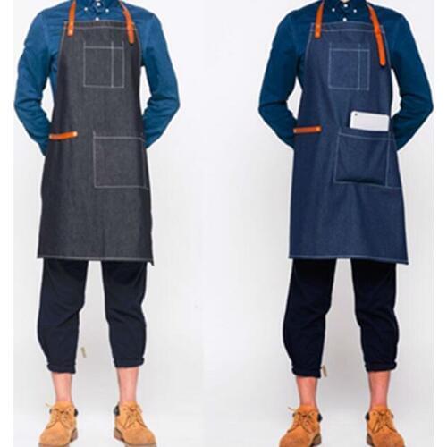 Blue Black Denim Bib Apron Leather Strap Barista Bartender Baker Catering Uniform Barber Florist Artist Painter Work Wear K8