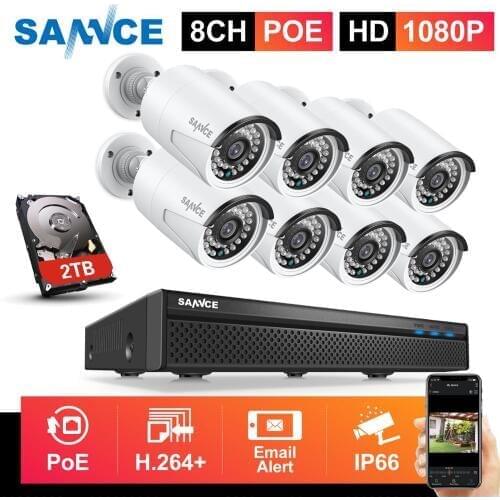 SANNCE 8CH 1080P POE NVR Kit CCTV Security System 8pcs 2MP IR Outdoor IP Camera Built-in Microphone CCTV Kit