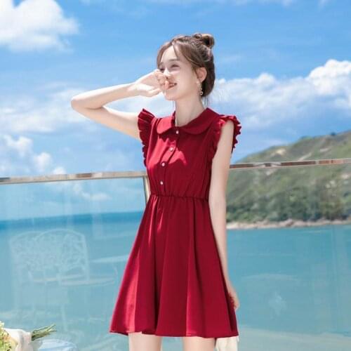 Vintage Peter Pan Collar Ruffles Summer Dresses French Style Slim Empire Elegant Sundress Solid Red A-Line Girls Doll Neck Dress