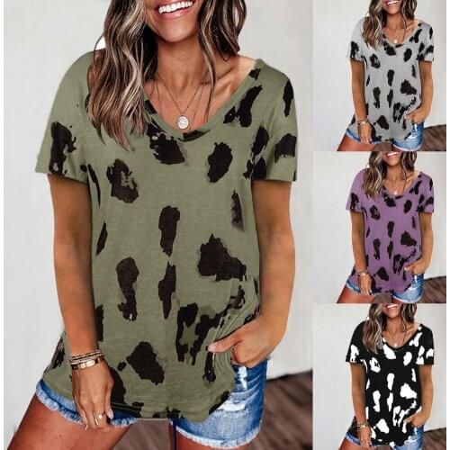 Casual T-shirt Leopard Loose Women Round Neck Short Sleeve Blouse for Party