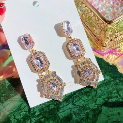 Fashion Korean TV Star Square Pink Crystal Waterdrop Dangle Earrings For Women Students Elegant Oorbellen Jewelry