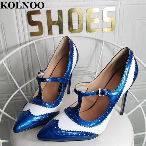 Kolnoo Handmade Womens Stiletto High Heels Pumps T-Strap Patchwork Leather Pointy Large Size 35-47 Evening Club Fashion Shoes