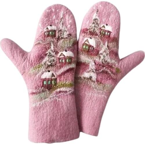 Women Winter Faux Cashmere Full Finger Gloves Christmas Landscape Houses Tree Print Holiday Thicken Warm Thermal Mittens
