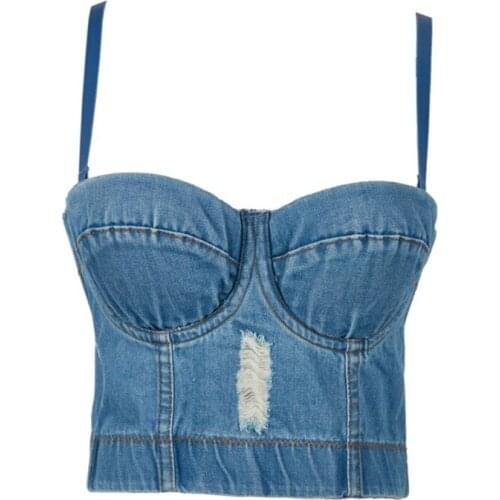 Women Destucted Denim Bustier Crop Top Spagehtti Strap Ripped Push Up Corset Camisole Vest Night Club Jeans Bralette
