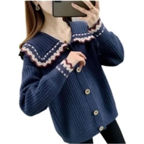 New Spring Autumn Womens Sweater Coats Vintage Loose Doll collar Female Knitted Sweaters Lacework Trendy Lady Jackets Outerwear