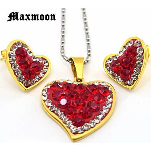 Maxmoon Women Red Crystal Jewelry Sets 316l Stainless Steel Necklace and Earrings Heart Cubic Zirconia Free Chain