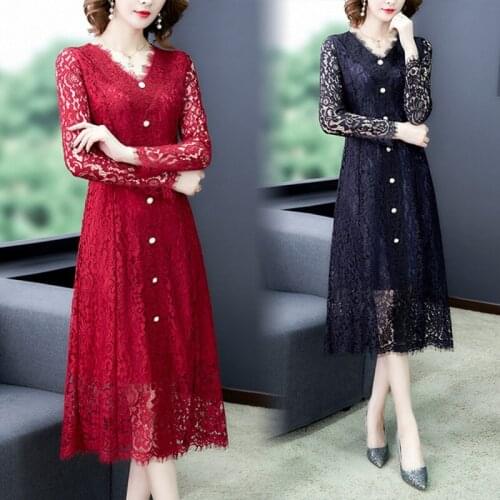 2021 Spring fashion temperament Womens long Sleeve Lace Hollow Out Single-Breasted Casual Dresses Vestido