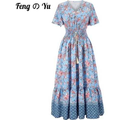 Summer Casual Long Skirt Womens Floral Bohemian Long Blue Dress Wrapped Casual V-neck Long Skirt Casual Long Skirt