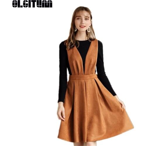 New Fashion Autumn/Winter Women O-neck Knit Basic Sweater Long-sleeved V-neck Zipper Vest Dress Vestido Two-piece Caramel Blue