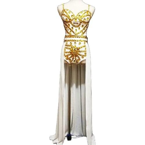Gold Sequins Rhinestones Printing Three-Piece Suit Women Long Trailing Ladies Nightclub Performance Dance Costume Stage Outfit