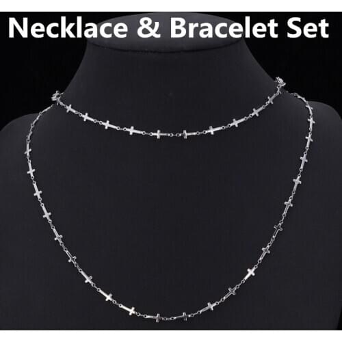 2Pcs/set Trendy Wedding Jesus Cross Religious Link Chain Cross Necklace + Bracelet 2Colors