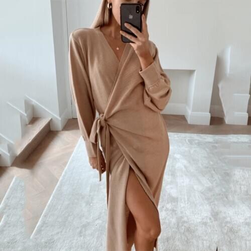 2020 Autumn Winter Women Knitted Dress Elegant Casual V-neck Long Sleeve Midi Cardigan Solid Loose Split Side Sweaters Dresses