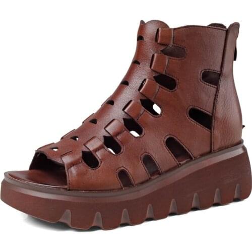 Cow skin cake with thick soles Rocco boots with thick heels summer hollow ankle boots ethnic style with high heels and sandals