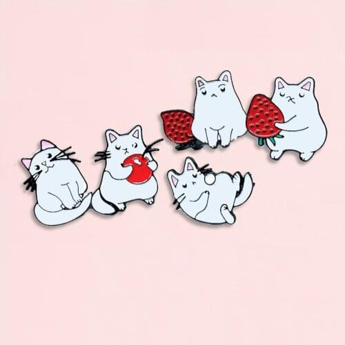 5 Styles Cute Greedy Cats Enamel Pins Strawberry Brooch Denim Jeans Backpack Cartoon Animal Jewelry Gift for Friends Kids