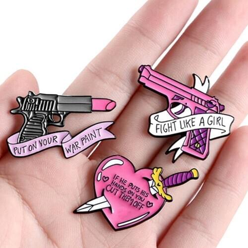 Fight Like Enamel Pins Lipstick Gun Magic Wand Brooches Lapel Pin Coat Shirt Bag Pink Badges Feminist Jewelry Gift