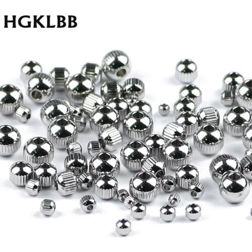 HGKLBB Stripe Stainless steel Spacer beads 3 4 6 8mm Round Metal Ball Charm Loose beads Jewelry Making Bracelet DIY Findings