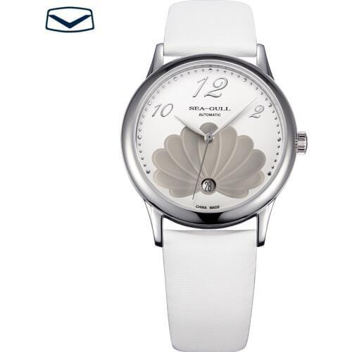 Seagull Auto Date 3 Hands Flower Pattern Automatic Mechanical Fashion Watch Womens Ladys Watch Leather Strap
