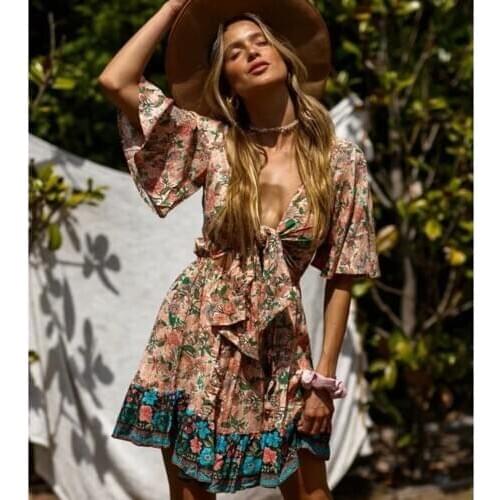 Hippie Floral Printed Mini Dress Bow V Neck Ruffle Sleeve Vintage Vestidos 2020 Summer Beach Boho Casual Clothes Women Dresses
