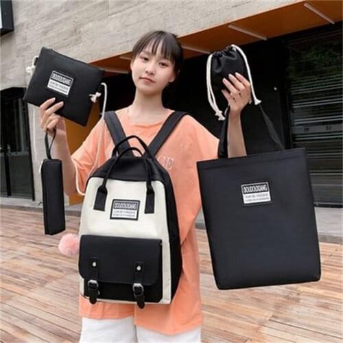5 Piece Set 2021 New Student Women School Bag Female Printing Canvas Large Capacity Computer School Backpack For Girl