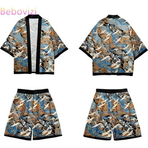 Crane Print Yukata Harajuku Kimono Shorts Sets Summer Two-piece Suit Fashion Japanese Cardigan Women Men Cosplay Asian Clothing