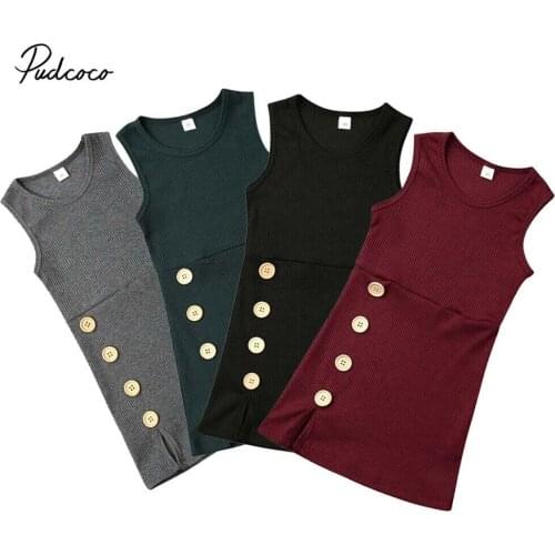 2019 Baby Summer Clothing Toddler Kids Baby Girl Solid Ribbed Tank Dress Sleeveless Casual Party Dresses Sundress Button Decor