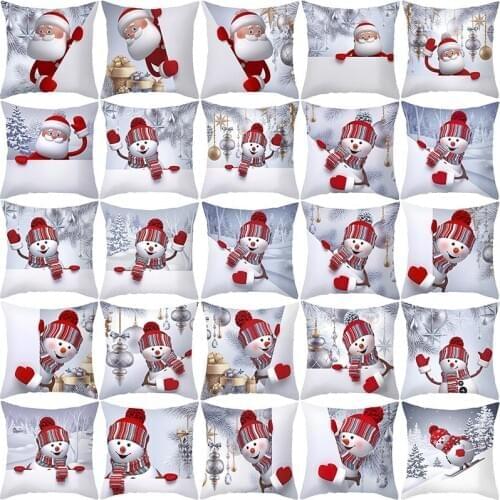Lovely Cartoon Snowman Santa Claus Print Pillows Cover Cyan White Hot Christmas Decorative Cushion Case Sofa Couch Throw Pillows