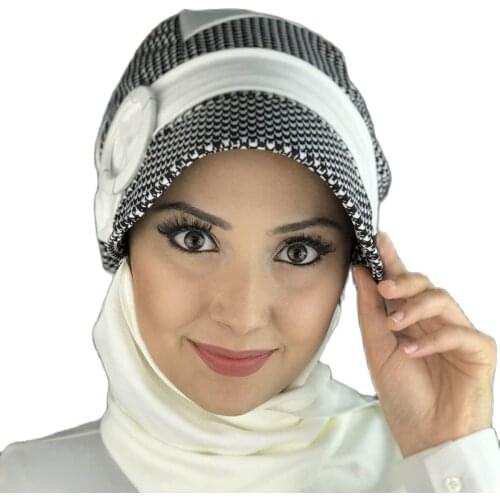 Islamic Fashion Muslim Women Hijab 2021 Trend Scarf Buckle Ready Sal Black White Pattern White Horsehair Hat