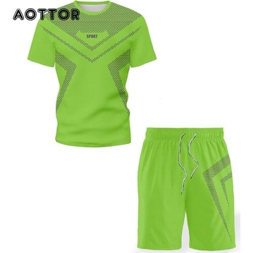 2021 Fashion Mens Casual Suit Top Men Printed Sports Suit Cotton T-shirt + Sports Trousers Two-piece Quick-drying Running Suit