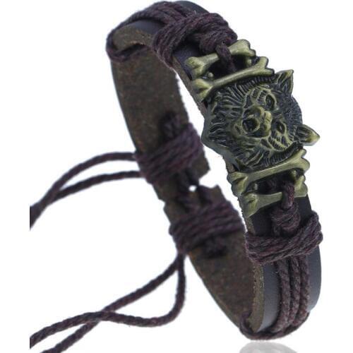 Punk Gothic Rock Men Jewelry Bracelet Cuff Alloy Wolf Bone Charms Vintage Rope Leather Bangle Wrap Women Fashion Wristbands Gift