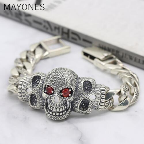 Men Bracelet Real 925 Sterling Silver Jewelry Men Women Inlaid Natural Stone Punk Rock Skull Charm Chain Bracelet Bangle Gifts