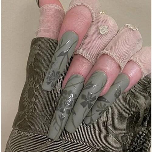 Fake Nails Green Pear and Green Petals Wear Nail Stickers Finished Nails 24 Nail Stickers Fake Nails With Glue Birthday Gift