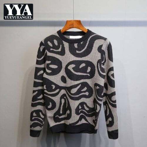 Autumn Winter New Fashion Mens Printing Design Slim O-Neck Classic High Street Korean Style Casual Vintage Pullover Sweater