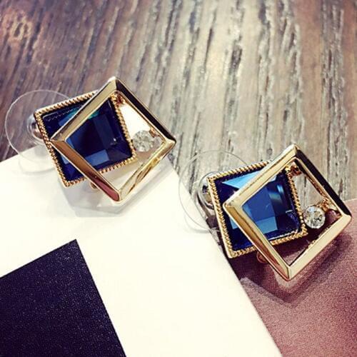 New Famous Brand New Fashion Brincos Gold color Jewelry Big Blue Crytal Square Stud Earrings For Women jewelry gift