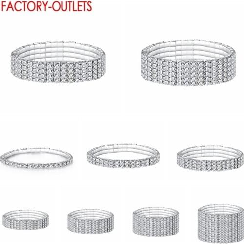 New Fashion 1-12 Rows Crystal Genuine 925 Sterling Silver Elastic Bracelets Bangles For Women Girls Wedding Bridal Jewelry