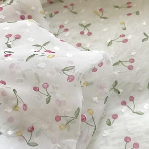 One meter summer high quality new Chiffon fabric Cherry print tissu Fashion dress clothing sewing