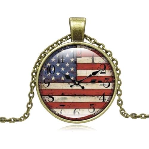 American Flag Time Gem Pendant necklace Retro USA Sign Fake Clock Glass Pendant Necklace Sweater Necklace Creative Gift