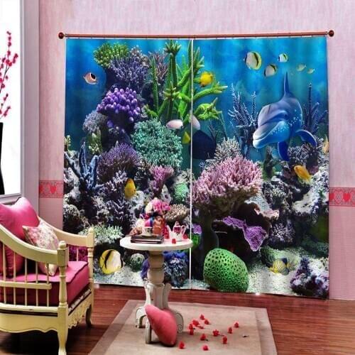 Undersea World Dolphin Coral Curtain For Kids Bedroom Childrens room Blackout Window Drapes Sets Customizable any size