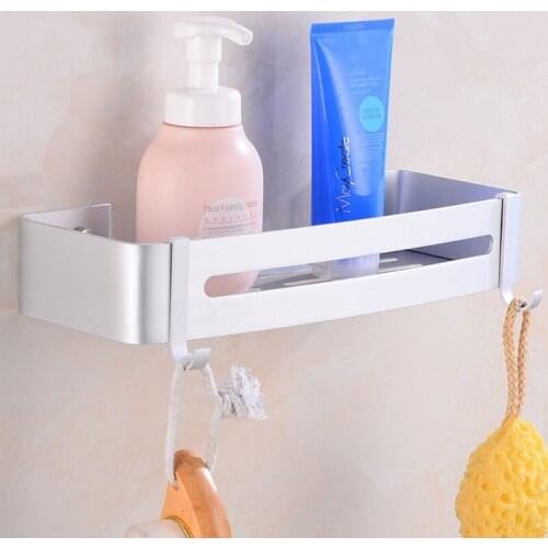 No Drill Bathroom Shelf Shower Caddy Organiser Bath Storage Holder Wall Mounted Self Adhesive Non Rust Rectangular with 2 Hooks