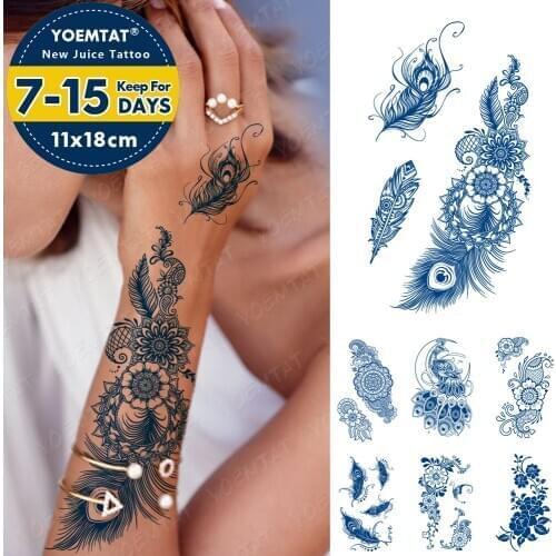 Juice Lasting Ink Tattoos Body Art Waterproof Temporary Tattoo Sticker Peacock Moon Feather Tatoo Arm Fake Henna Mehndi Tatto