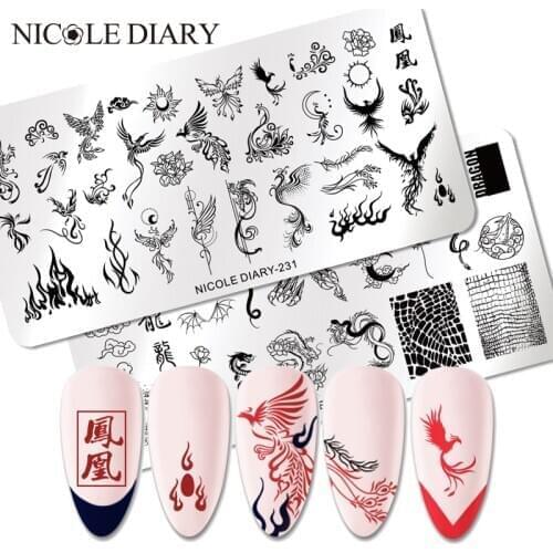 NICOLE DIARY Dragon Nail Stamping Plates Snake Leaf Image Transfer Template Flower Floral Printing Stencil DIY Design
