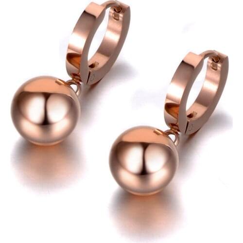 Bohemia Rose Gold Stainless Steel Smooth Round Ball Earrings Trendy Party Hoop Earrings Jewelry For Women Girls E19318