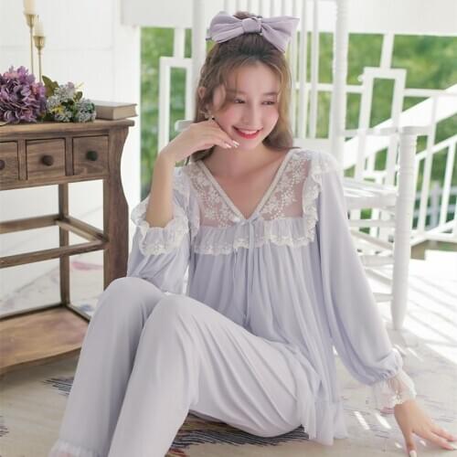 Spring Autumn Womens Long Sleeve Pajamas Sets V-Neck Vintage Princess Lace Pyjamas Girls Cute Nightwear Suits