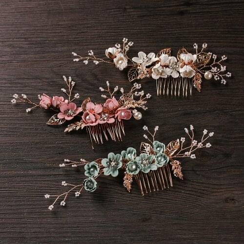 1pc Fashion Luxury Blue Flower Hair Combs Headdress Prom Bridal Wedding Hair Accessories Gold Leaves Hair Jewelry Hair Pins