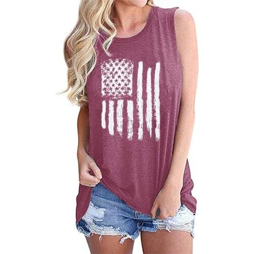 Ladies New Style Independence Day T-shirt American Flag Printed Solid Color Round Neck Sleeveless Vest Casual Loose Top Hot Sale