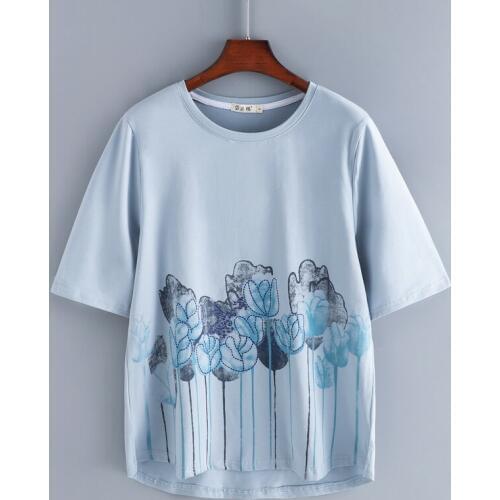 Womens Summer Short-sleeved T-shirt Loose Cotton Five-point Sleeve Top National Style O-neck Color Matching Literary Tops A870