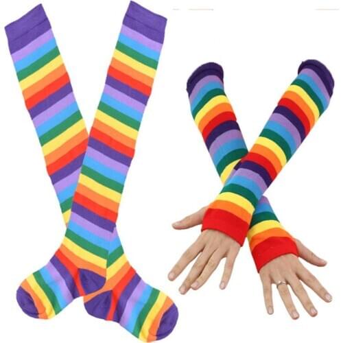 Womens Rainbow Stripes Over Knee Thigh High Socks Arm Warmer Fingerless Gloves Set Fancy Dress Cosplay Masquerade Party Costume